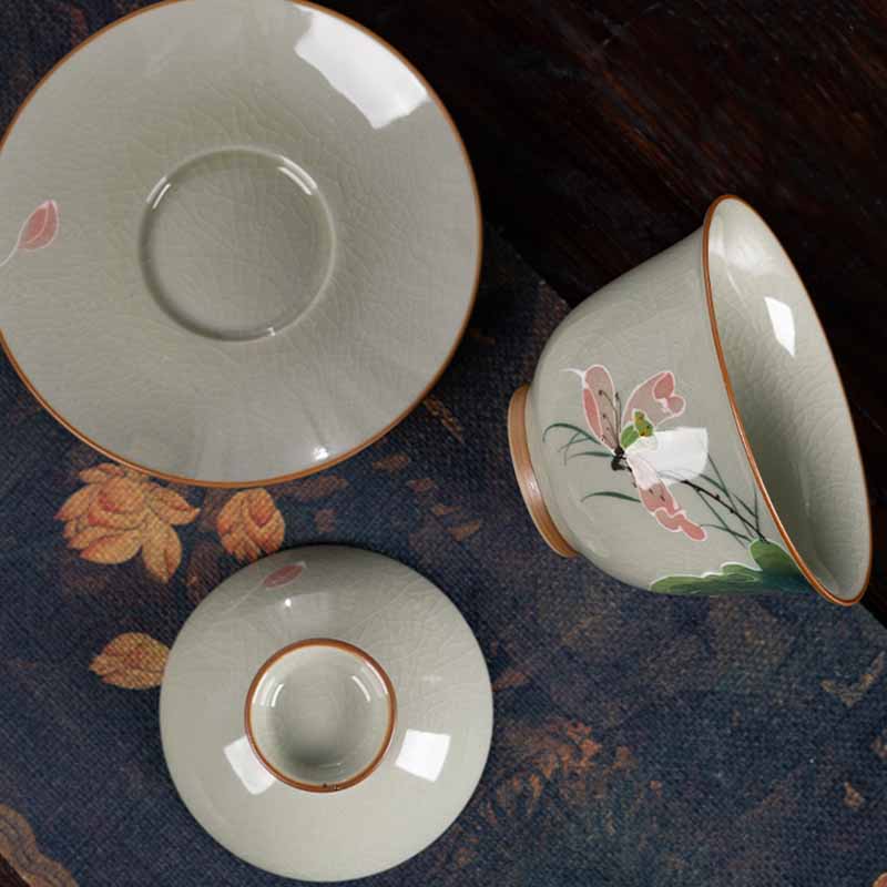 Buddha Stones Lotus Koi Fish Pod Leaf Céramique Gaiwan Sancai Tasse à Thé Kung Fu Tasse à Thé Et Soucoupe Avec Couvercle 140ml