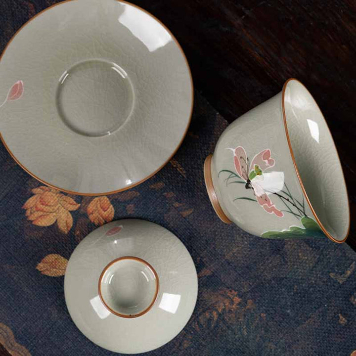 Buddha Stones Lotus Koi Fish Pod Leaf Céramique Gaiwan Sancai Tasse à Thé Kung Fu Tasse à Thé Et Soucoupe Avec Couvercle 140ml