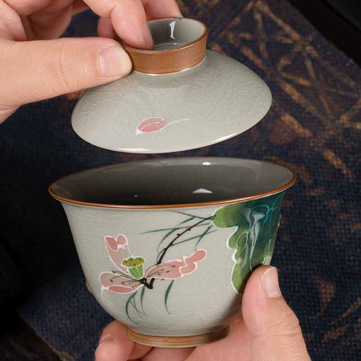 Buddha Stones Lotus Koi Fish Pod Leaf Céramique Gaiwan Sancai Tasse à Thé Kung Fu Tasse à Thé Et Soucoupe Avec Couvercle 140ml