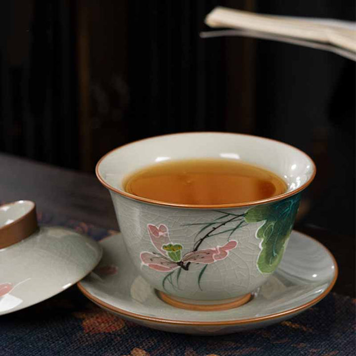 Buddha Stones Lotus Koi Fish Pod Leaf Céramique Gaiwan Sancai Tasse à Thé Kung Fu Tasse à Thé Et Soucoupe Avec Couvercle 140ml