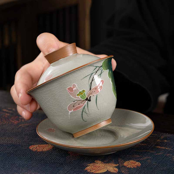 Buddha Stones Lotus Koi Fish Pod Leaf Céramique Gaiwan Sancai Tasse à Thé Kung Fu Tasse à Thé Et Soucoupe Avec Couvercle 140ml