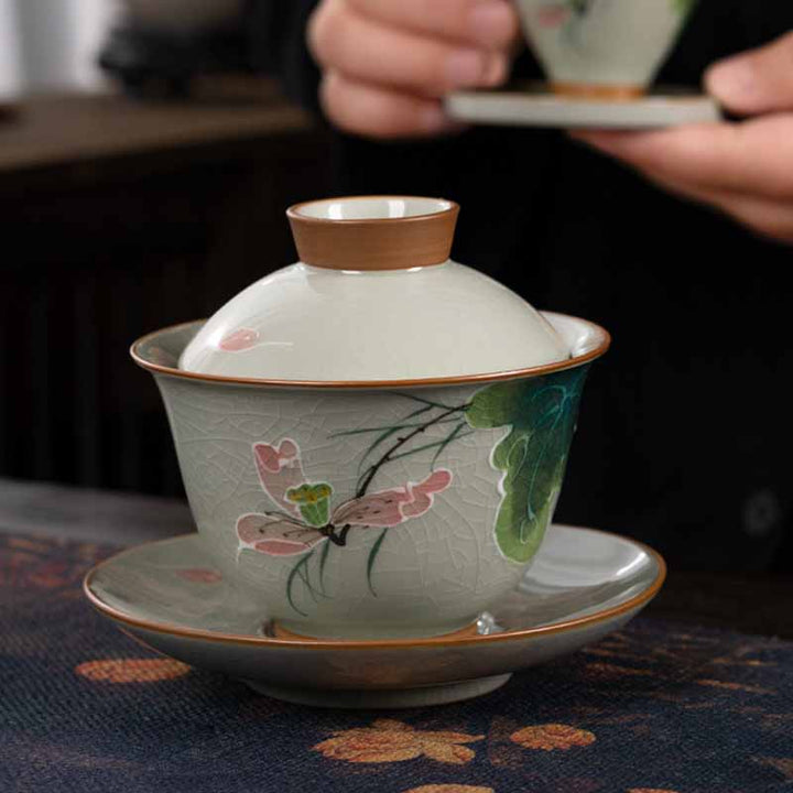 Buddha Stones Lotus Koi Fish Pod Leaf Céramique Gaiwan Sancai Tasse à Thé Kung Fu Tasse à Thé Et Soucoupe Avec Couvercle 140ml