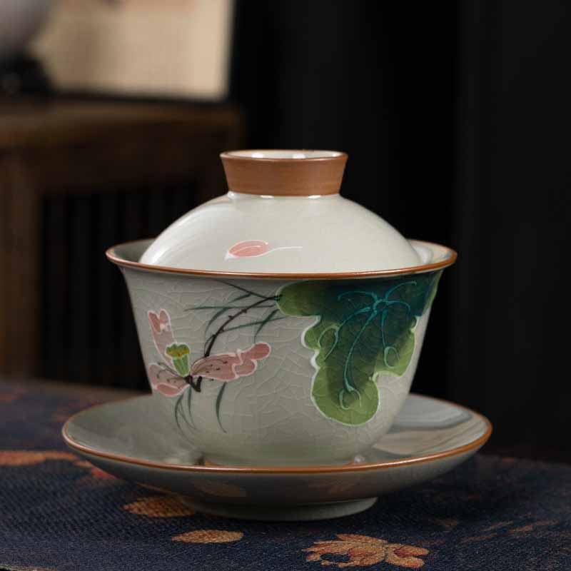 Buddha Stones Lotus Koi Fish Pod Leaf Céramique Gaiwan Sancai Tasse à Thé Kung Fu Tasse à Thé Et Soucoupe Avec Couvercle 140ml