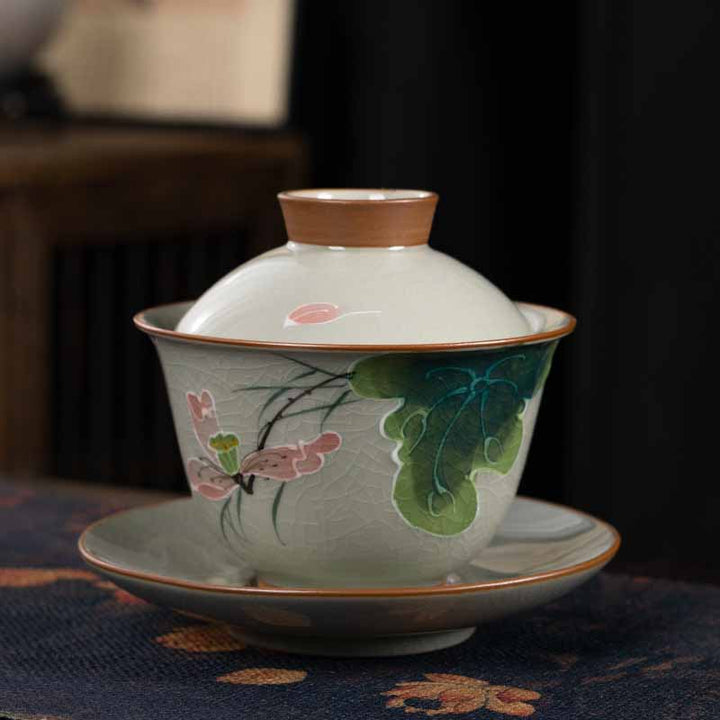 Buddha Stones Lotus Koi Fish Pod Leaf Céramique Gaiwan Sancai Tasse à Thé Kung Fu Tasse à Thé Et Soucoupe Avec Couvercle 140ml