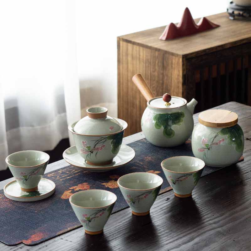 Buddha Stones Lotus Koi Fish Pod Leaf Céramique Gaiwan Sancai Tasse à Thé Kung Fu Tasse à Thé Et Soucoupe Avec Couvercle 140ml