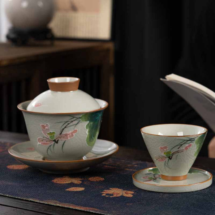 Buddha Stones Lotus Koi Fish Pod Leaf Céramique Gaiwan Sancai Tasse à Thé Kung Fu Tasse à Thé Et Soucoupe Avec Couvercle 140ml
