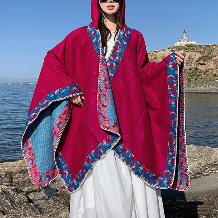 Buddha Stones , petite cape à capuche florale, écharpe de voyage confortable pour l'hiver - Rose rouge 150*130cm - image 20