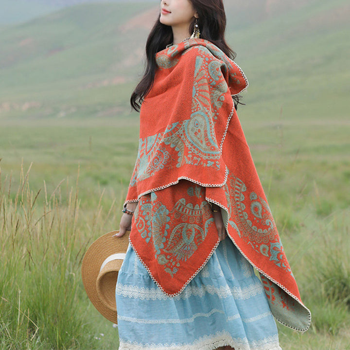 Châle tibétain en Buddha Stones, motif simple, écharpe de voyage confortable pour l'hiver - Orange 150*130cm - image 0