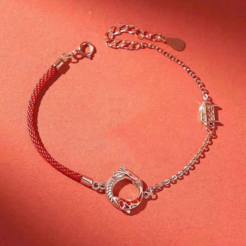 Bracelet de protection porte-bonheur en argent sterling 925 Buddha Stones et poisson Koi en cuivre de l'année du dragon