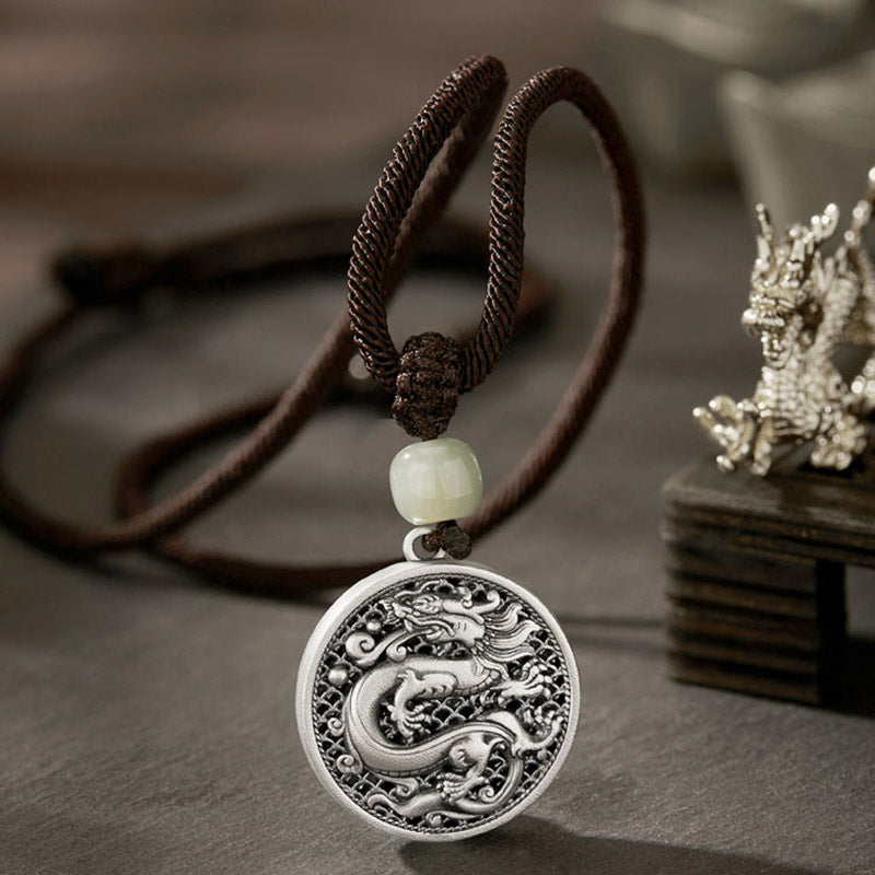 Collier pendentif en argent sterling 999 avec Buddha Stones et personnage Fu de l'année du dragon Hetian Jade - Personnage de Dragon Fu - image 0