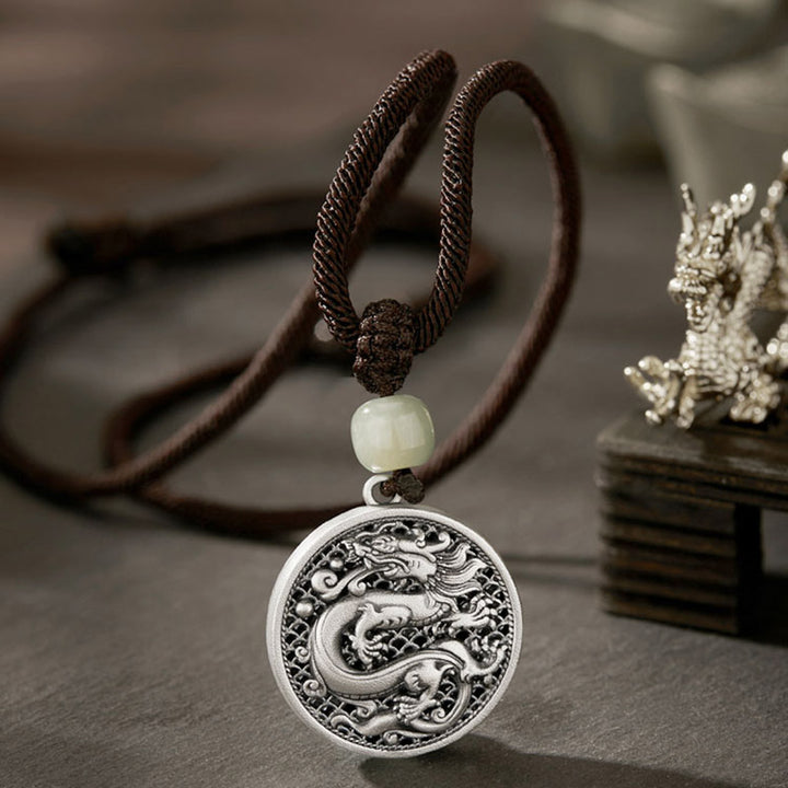 Collier pendentif en argent sterling 999 avec Buddha Stones et personnage Fu de l'année du dragon Hetian Jade