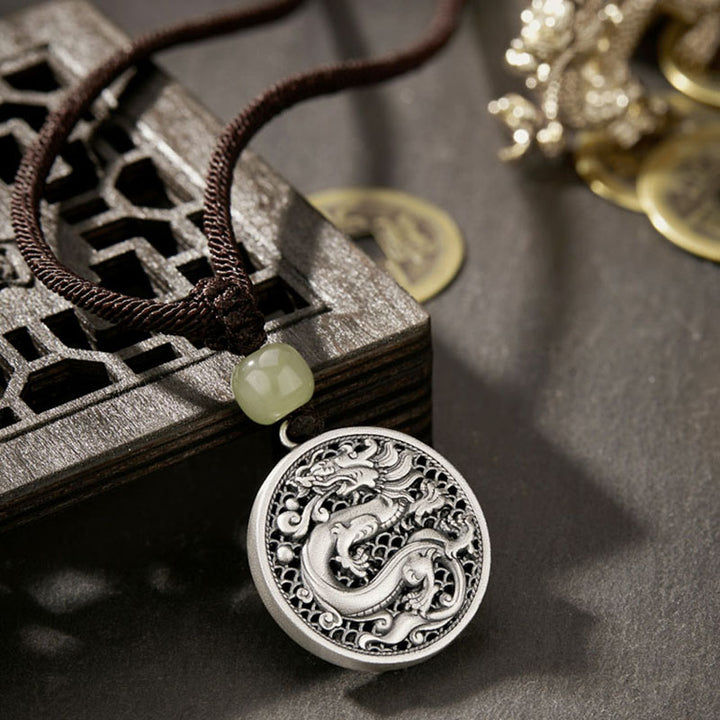 Collier pendentif en argent sterling 999 avec Buddha Stones et personnage Fu de l'année du dragon Hetian Jade