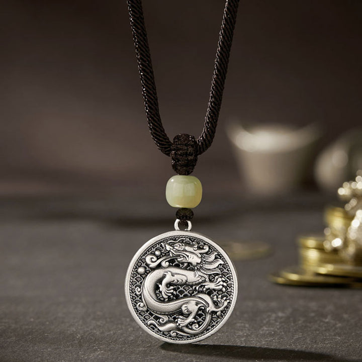 Collier pendentif en argent sterling 999 avec Buddha Stones et personnage Fu de l'année du dragon Hetian Jade