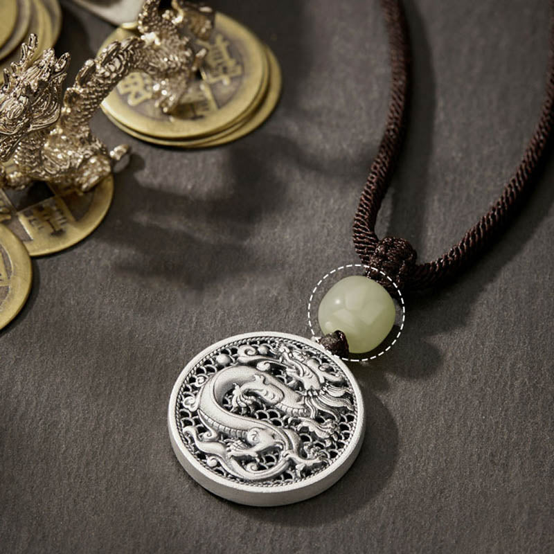 Collier pendentif en argent sterling 999 avec Buddha Stones et personnage Fu de l'année du dragon Hetian Jade