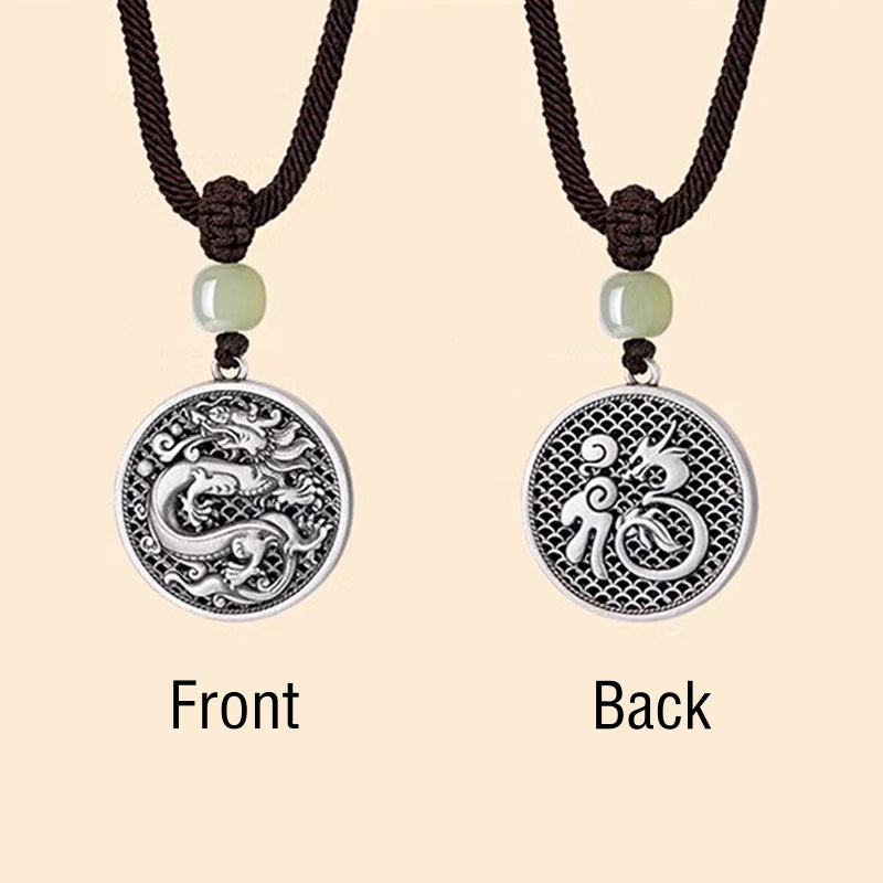 Collier pendentif en argent sterling 999 avec Buddha Stones et personnage Fu de l'année du dragon Hetian Jade