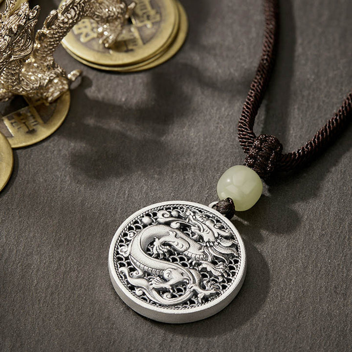 Collier pendentif en argent sterling 999 avec Buddha Stones et personnage Fu de l'année du dragon Hetian Jade