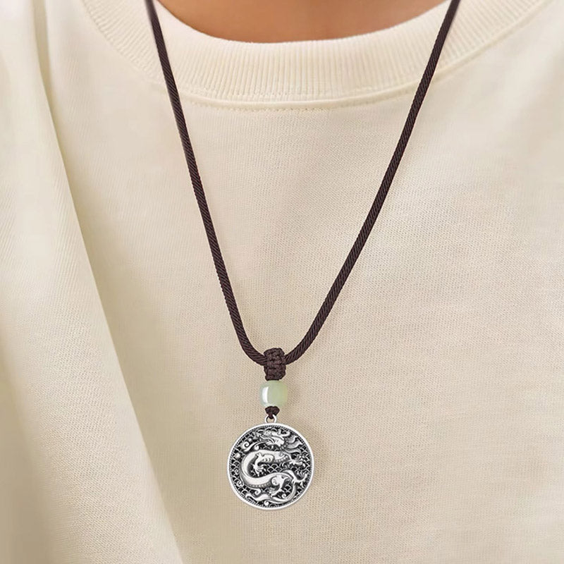 Collier pendentif en argent sterling 999 avec Buddha Stones et personnage Fu de l'année du dragon Hetian Jade