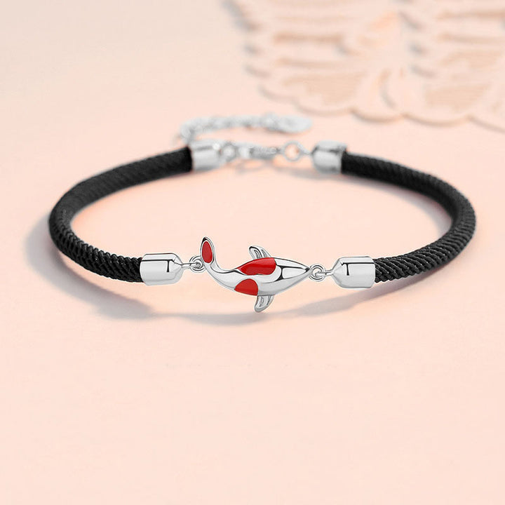 Bracelet couple chaîne tressée porte-bonheur Buddha Stones Buddha Fish - Bracelet noir à motif de carpe koï argentée (tour de poignet 14-21 cm) - image 4