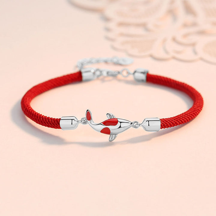 Bracelet couple chaîne tressée porte-bonheur Buddha Stones Buddha Fish - Bracelet rouge à motif de carpe koï argentée (tour de poignet 14-18 cm) - image 2