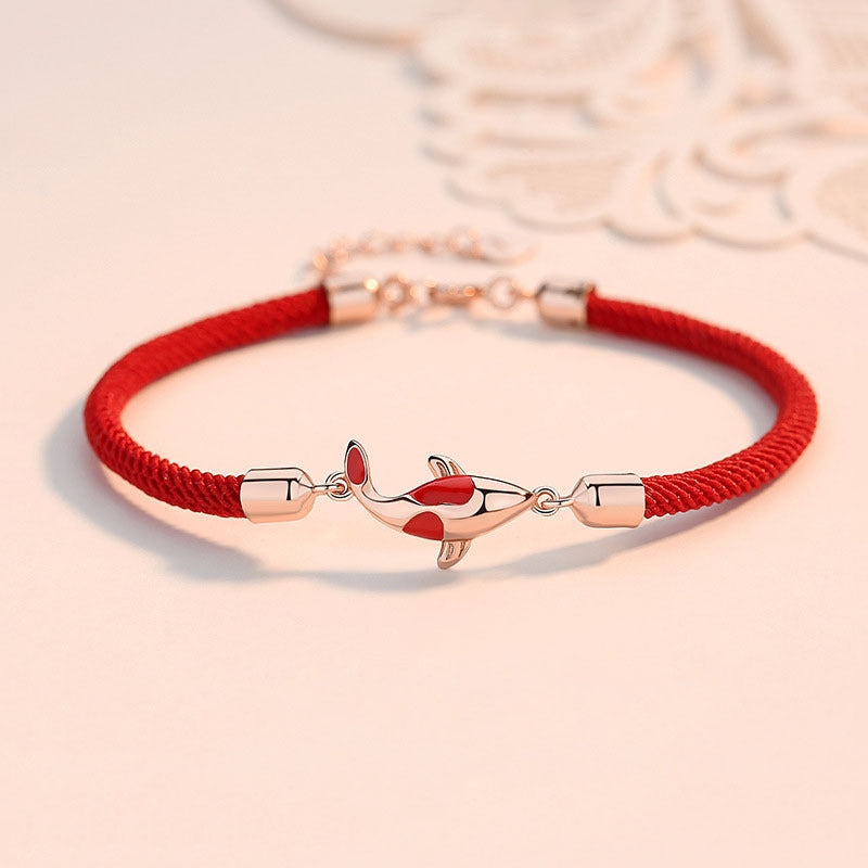 Bracelet couple chaîne tressée porte-bonheur Buddha Stones Buddha Fish - Bracelet rouge en or rose avec motif de carpe koï (tour de poignet 14-18 cm) - image 0