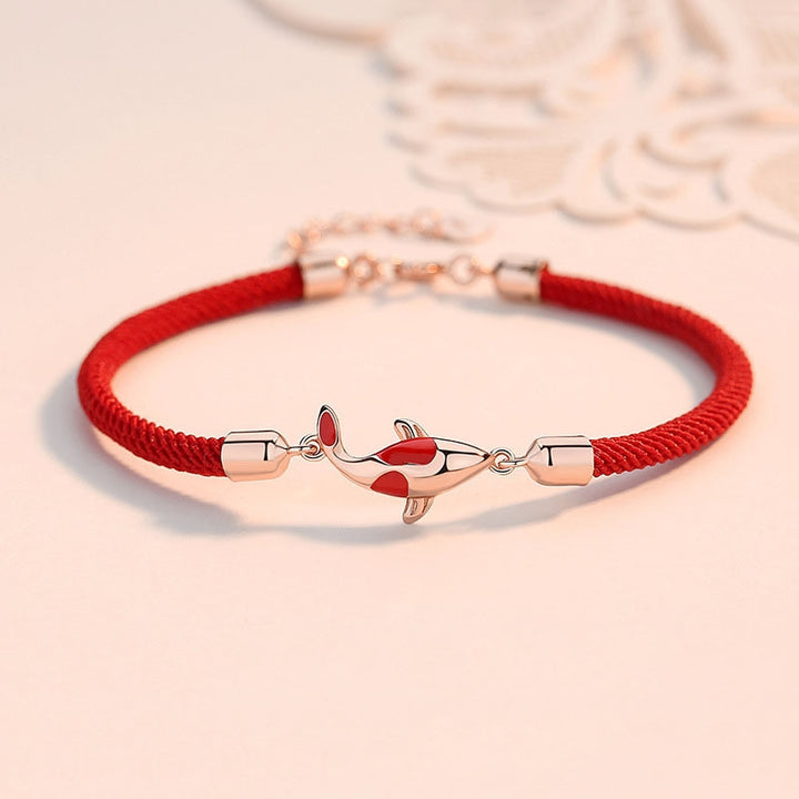 Bracelet couple chaîne tressée porte-bonheur Buddha Stones Buddha Fish - Bracelet rouge en or rose avec motif de carpe koï (tour de poignet 14-18 cm) - image 0
