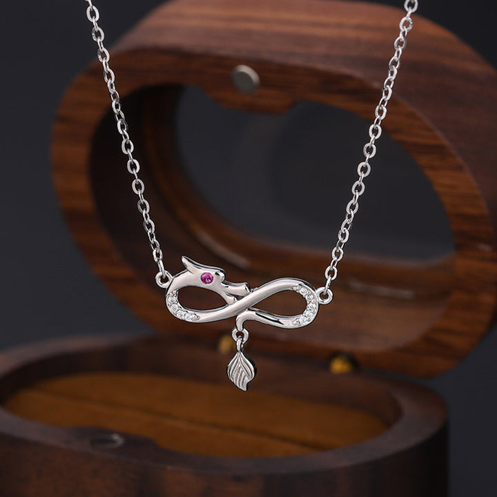 Collier pendentif de protection en argent sterling 999 avec pendentif en forme de queue de nœud sans fin de l'année du dragon Buddha Stones