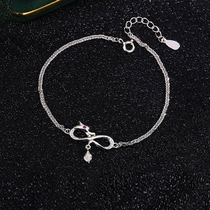 Bracelet de protection porte-bonheur en argent sterling 999 avec pendentif en forme de queue de nœud sans fin en zircon et Buddha Stones Année du Dragon