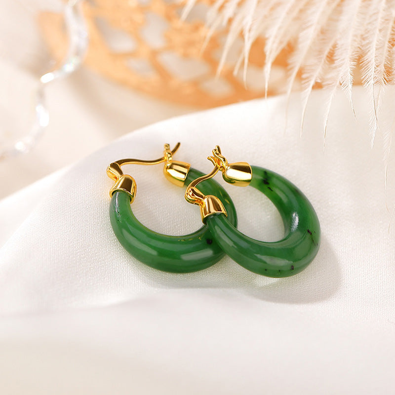 Boucles d'oreilles pendantes en jade cyan naturel Hetian rond, plaqué or et argent sterling 925, Buddha Stones. - image 1