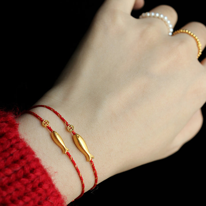 Bracelet tressé en plaqué or 14 carats avec poisson Koi et Buddha Stones