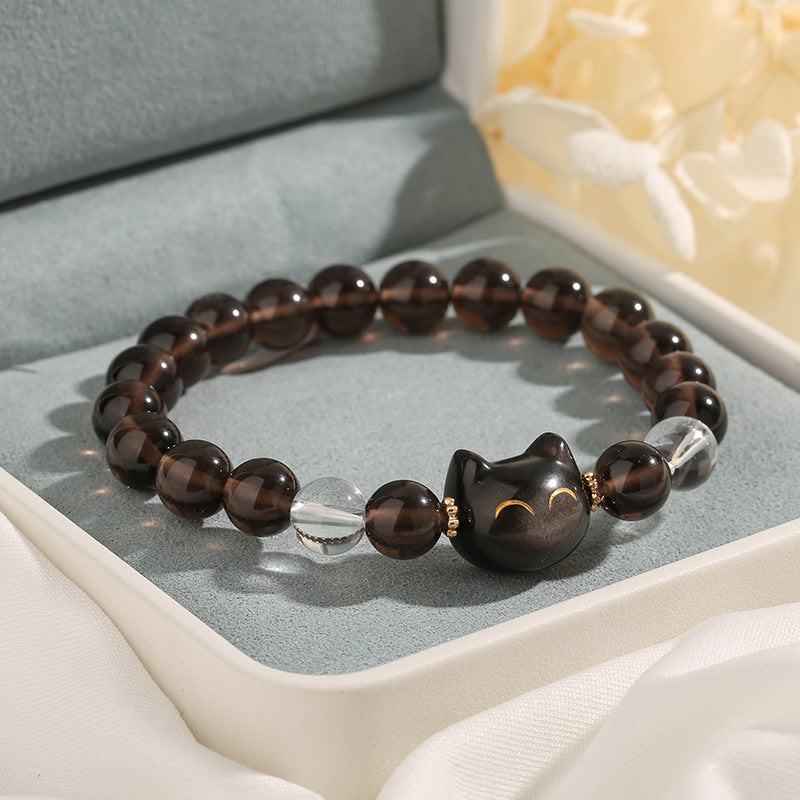 Bracelet positif en obsidienne glacée naturelle Buddha Stones et chat mignon en obsidienne argentée - 14-16 cm - image 1