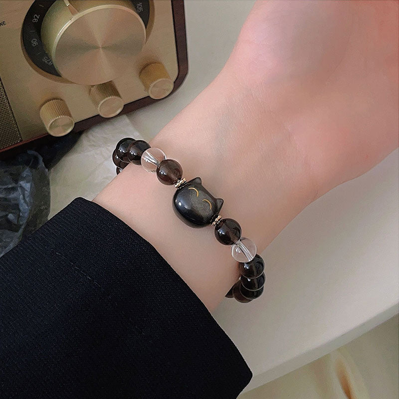 Bracelet positif en obsidienne glacée naturelle Buddha Stones et chat mignon en obsidienne argentée - image 4