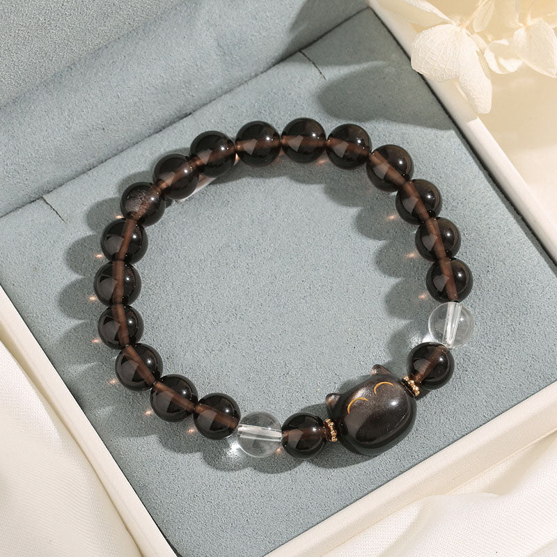 Bracelet positif en obsidienne glacée naturelle Buddha Stones et chat mignon en obsidienne argentée - image 2