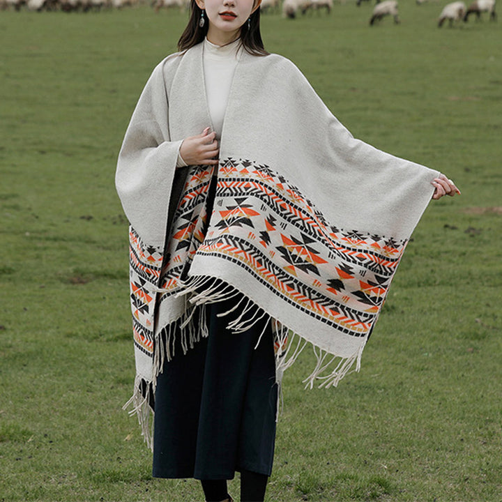 Châle tibétain en Buddha Stones, écharpe de voyage confortable et colorée à géométrie d'hiver - Beige marron 150*130cm - image 0