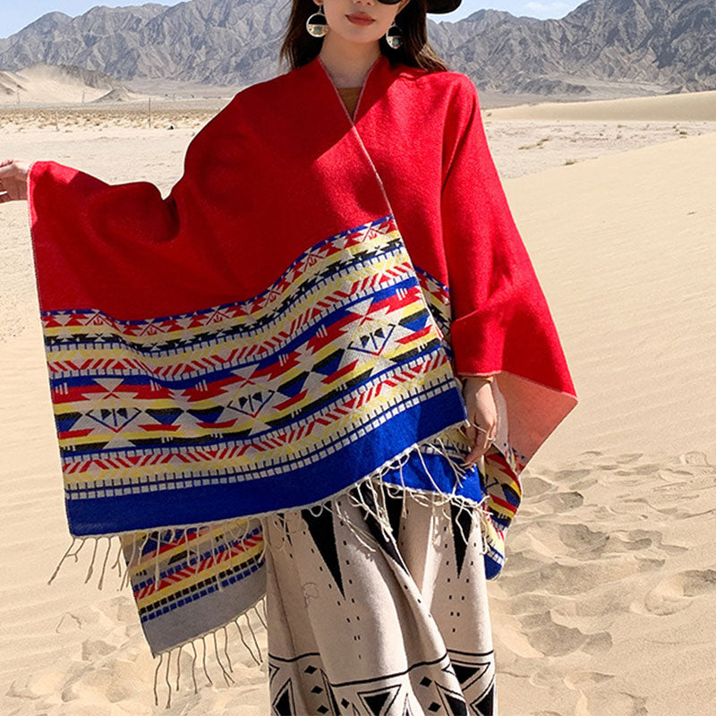 Châle tibétain en Buddha Stones, écharpe de voyage confortable et colorée à géométrie d'hiver - Rouge 150*130cm - image 13