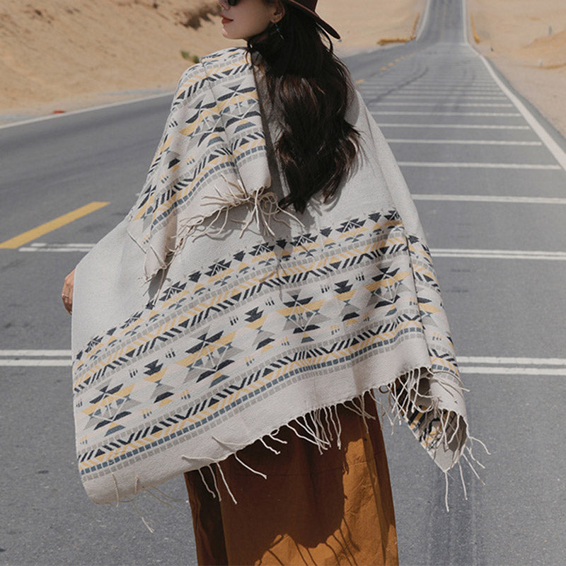 Châle tibétain en Buddha Stones, écharpe de voyage confortable et colorée à géométrie d'hiver - Beige 150*130cm - image 25