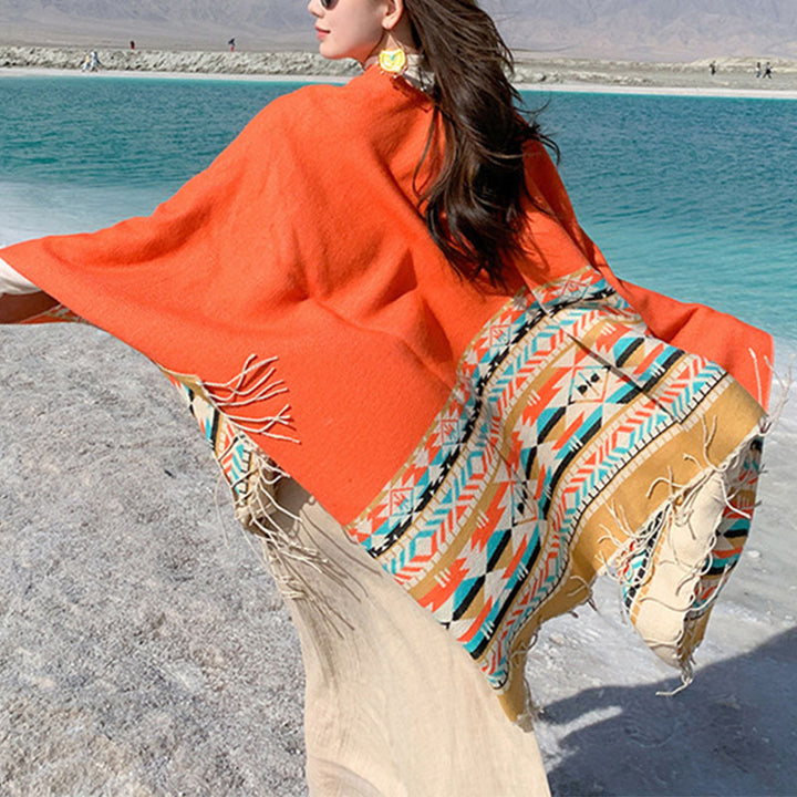 Châle tibétain en Buddha Stones, écharpe de voyage confortable et colorée à géométrie d'hiver - Orange 150*130cm - image 36