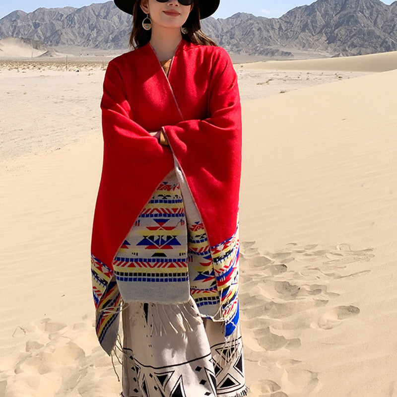 Châle tibétain en Buddha Stones, écharpe de voyage confortable et colorée à géométrie d'hiver - image 15