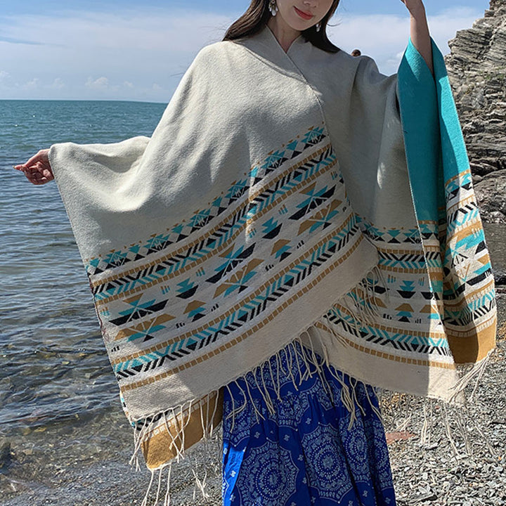 Châle tibétain en Buddha Stones, écharpe de voyage confortable et colorée à géométrie d'hiver - image 31