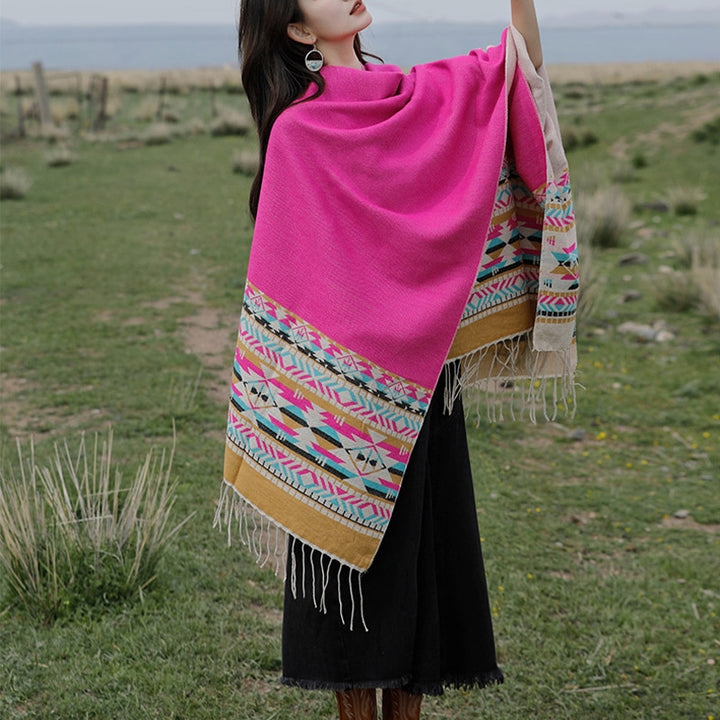 Châle tibétain en Buddha Stones, écharpe de voyage confortable et colorée à géométrie d'hiver - image 35