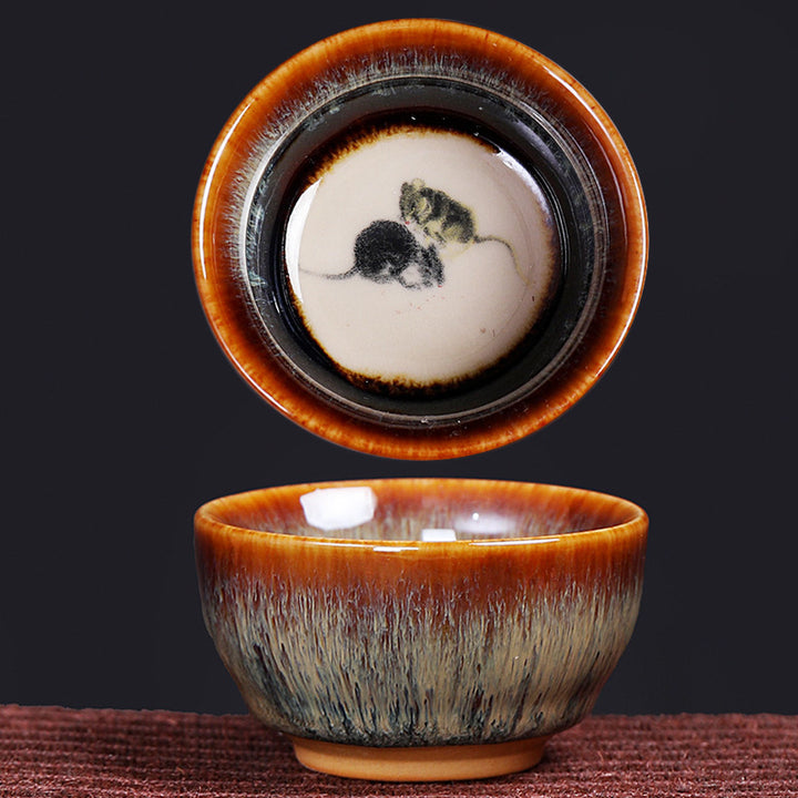Tasse à thé en céramique avec 12 motifs du zodiaque chinois et Buddha Stones Tasse à thé chinoise Kung Fu Jian Zhan 73 ml