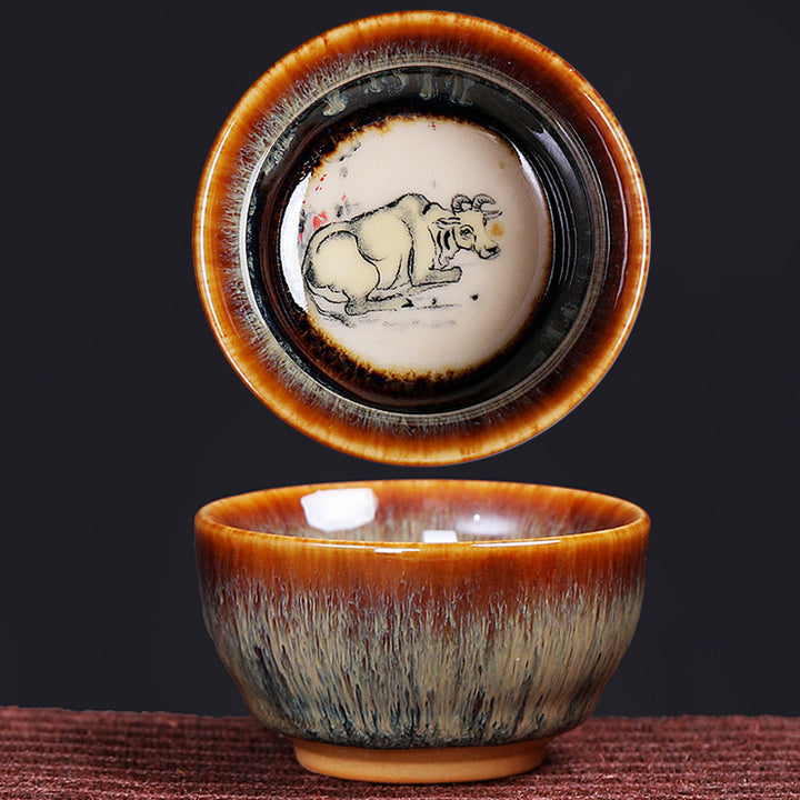 Tasse à thé en céramique avec 12 motifs du zodiaque chinois et Buddha Stones Tasse à thé chinoise Kung Fu Jian Zhan 73 ml