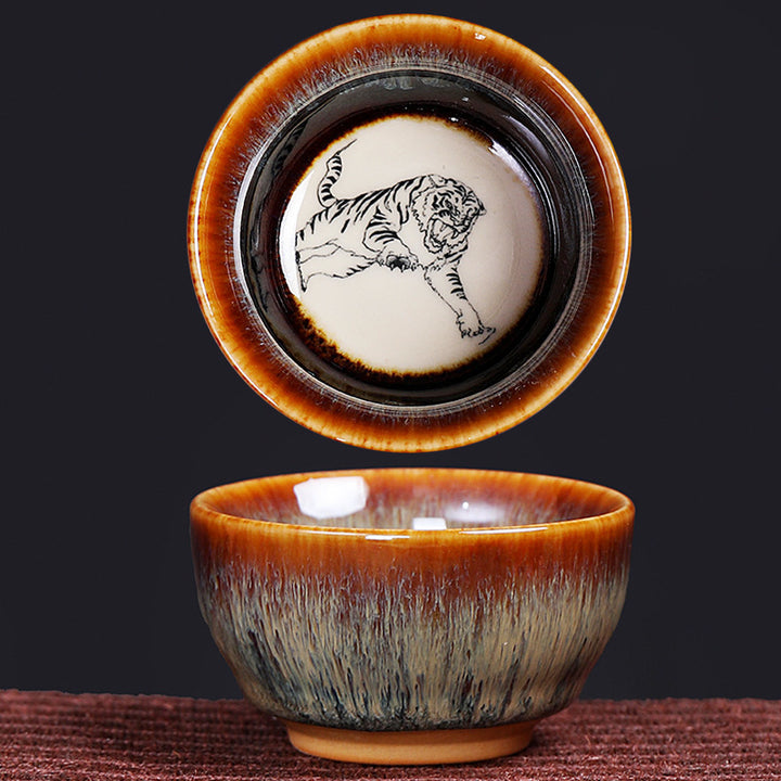 Tasse à thé en céramique avec 12 motifs du zodiaque chinois et Buddha Stones Tasse à thé chinoise Kung Fu Jian Zhan 73 ml