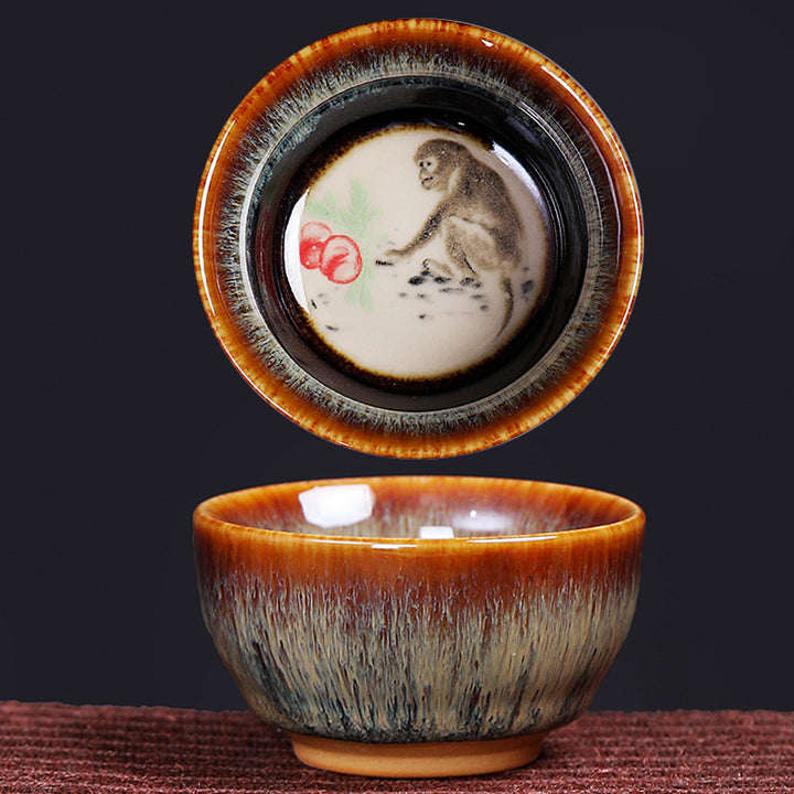 Tasse à thé en céramique avec 12 motifs du zodiaque chinois et Buddha Stones Tasse à thé chinoise Kung Fu Jian Zhan 73 ml