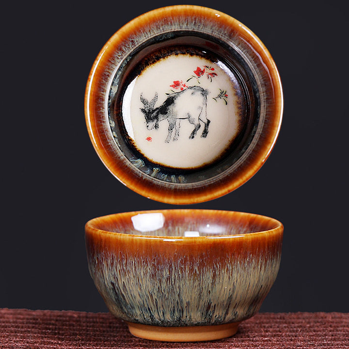 Tasse à thé en céramique avec 12 motifs du zodiaque chinois et Buddha Stones Tasse à thé chinoise Kung Fu Jian Zhan 73 ml