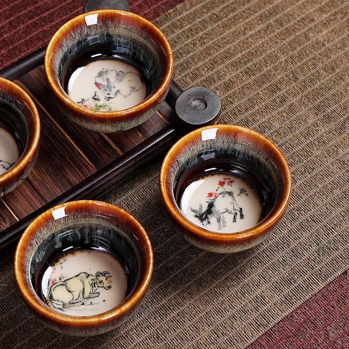 Tasse à thé en céramique avec 12 motifs du zodiaque chinois et Buddha Stones Tasse à thé chinoise Kung Fu Jian Zhan 73 ml