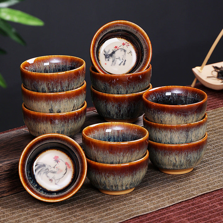 Tasse à thé en céramique avec 12 motifs du zodiaque chinois et Buddha Stones Tasse à thé chinoise Kung Fu Jian Zhan 73 ml