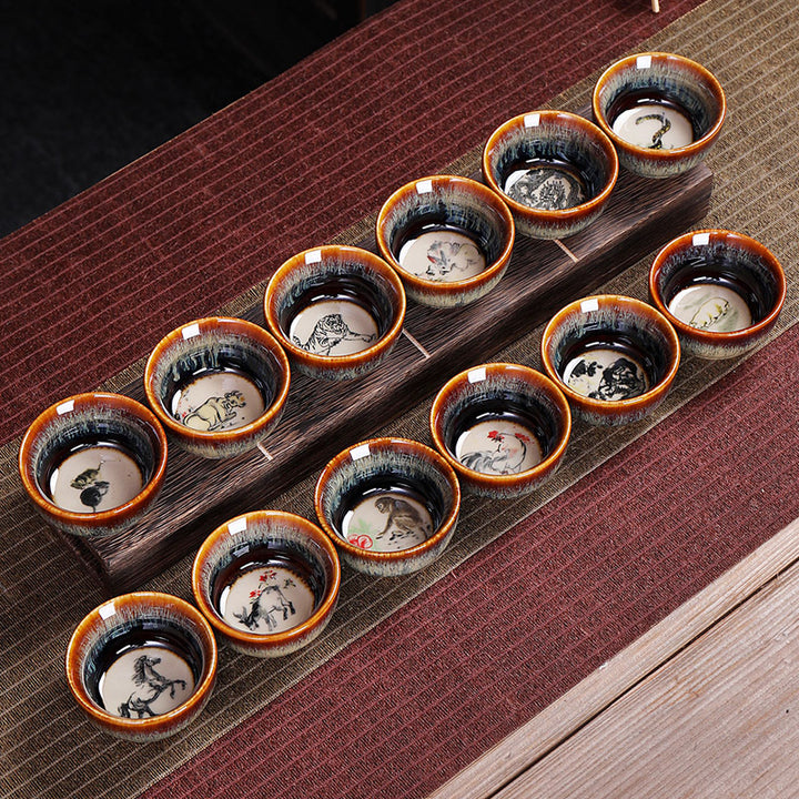 Tasse à thé en céramique avec 12 motifs du zodiaque chinois et Buddha Stones Tasse à thé chinoise Kung Fu Jian Zhan 73 ml