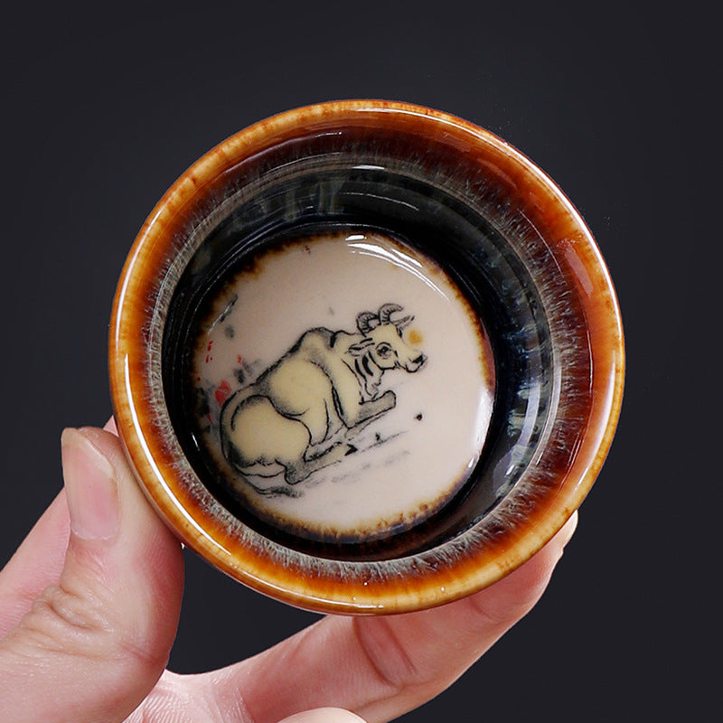Tasse à thé en céramique avec 12 motifs du zodiaque chinois et Buddha Stones Tasse à thé chinoise Kung Fu Jian Zhan 73 ml