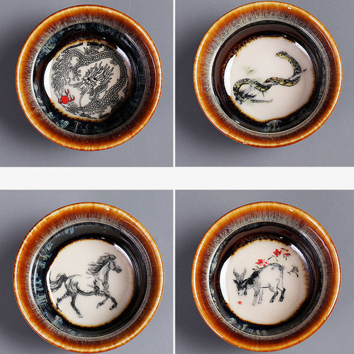 Tasse à thé en céramique avec 12 motifs du zodiaque chinois et Buddha Stones Tasse à thé chinoise Kung Fu Jian Zhan 73 ml