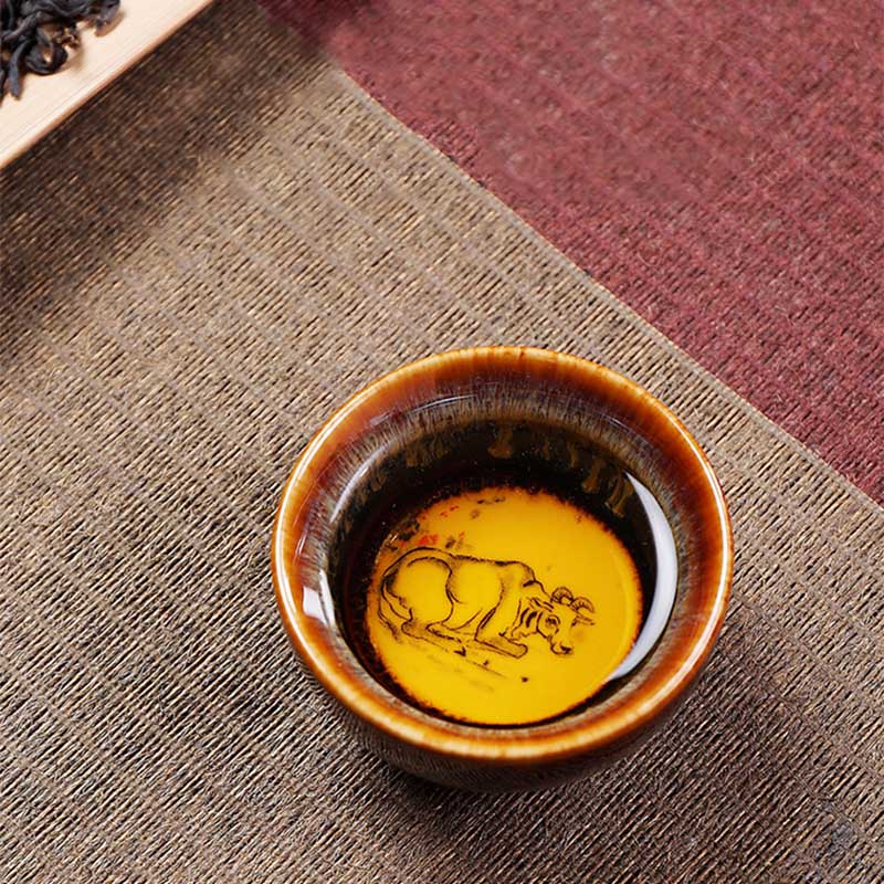Tasse à thé en céramique avec 12 motifs du zodiaque chinois et Buddha Stones Tasse à thé chinoise Kung Fu Jian Zhan 73 ml